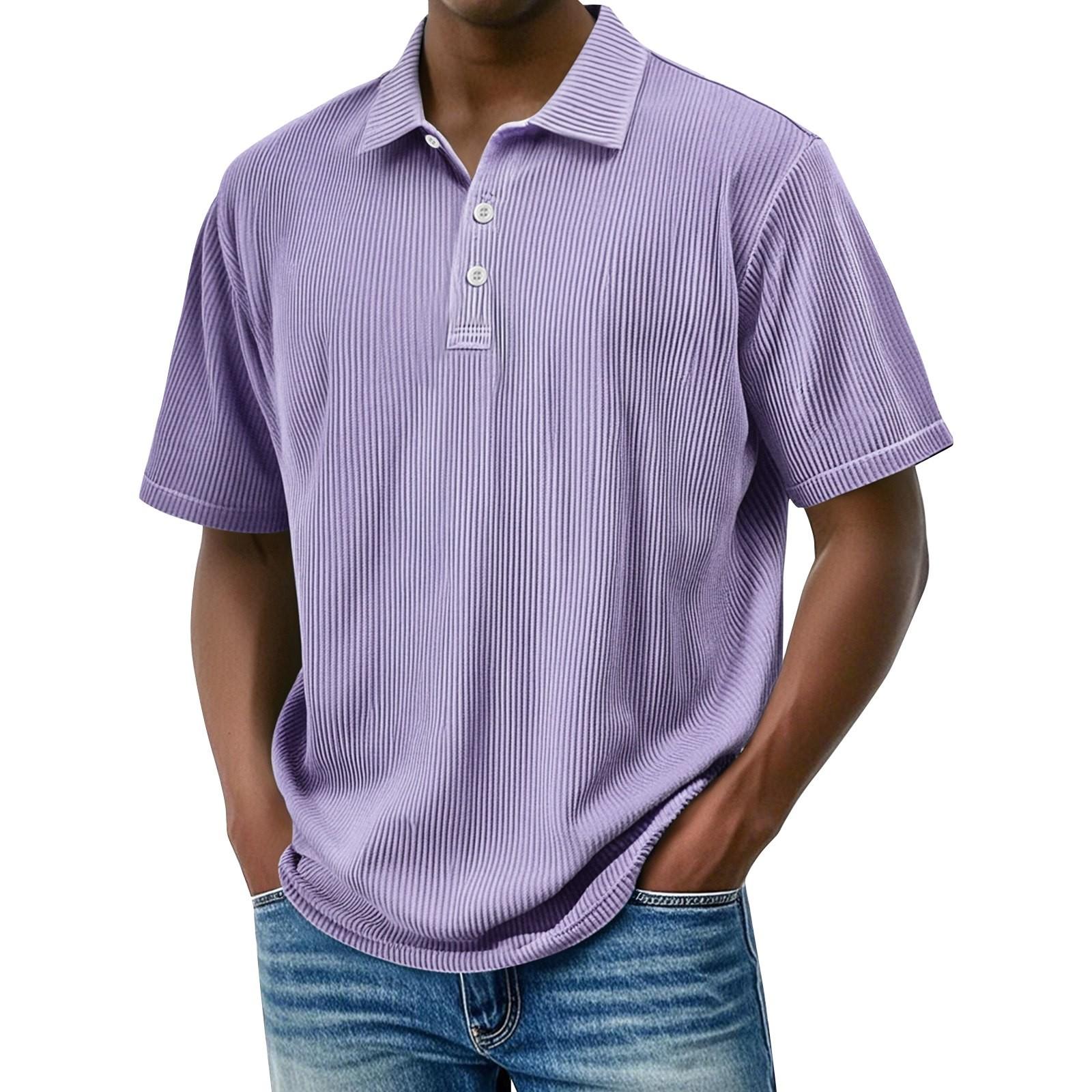 

Мужская летняя однотонная полосатая текстурированная рубашка с пуговицами на воротнике, свободного кроя, с коротким рукавом L фиолетовый