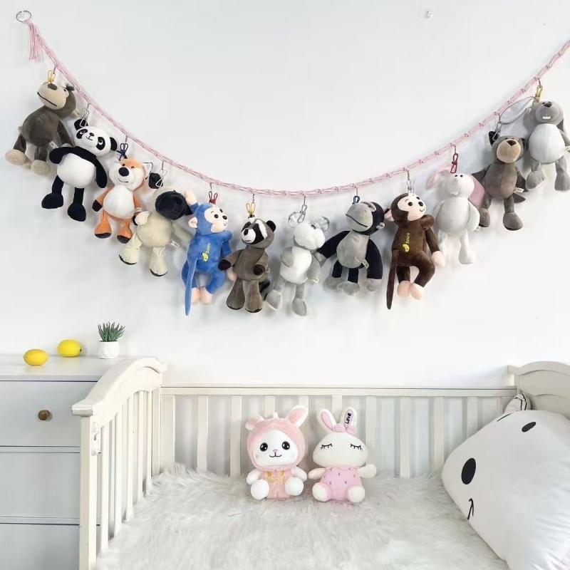 Braided Twine Wall Mounted Toy Storage Bag with Mesh Pocket Kids Bedroom Decor DIY Home Organization Plush Toy Bag Wall Decor
