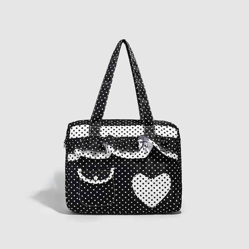 

Retro polka dot love commuter canvas bag large capacity contrasting color versatile portable underarm shoulder bag women чёрный