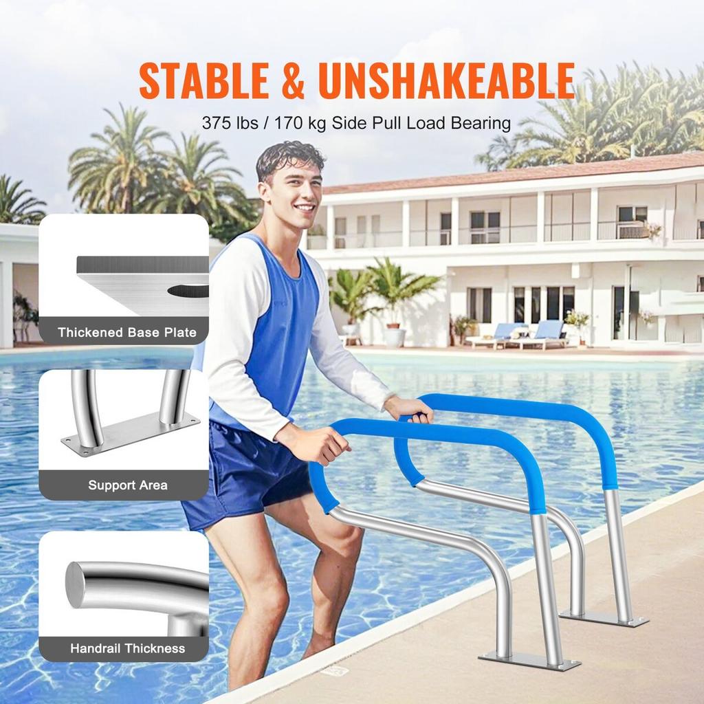 Pool Handrail 32 x 23 inch Stainless Steel with Base Plate for Spas