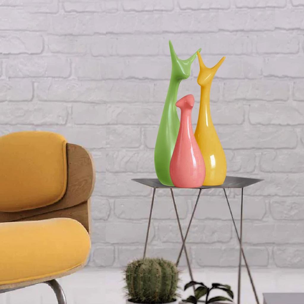 Home Décor Lucky Deer Family Set | Piano Finish Ceramic Figures - (Set of 3 Yellow, Pink, Parrot Color)