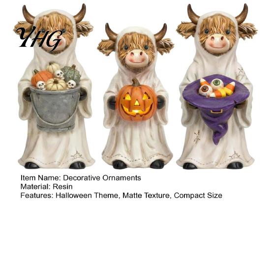 Dark Aesthetic Gift 3Pcs Halloween Ghost Highland Cow Figurines, Resin Yak Statues with Pumpkin, Farmhouse Unique Tabletop Ornaments for Holiday Shelf