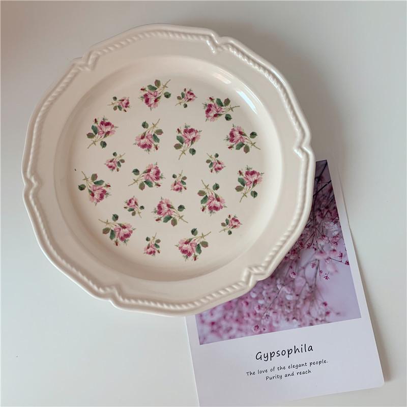 New French Retro Small Flower Relief Ceramic Western Steak Pasta Plate Yogurt Salad Bowl Dessert  Dish  Serving