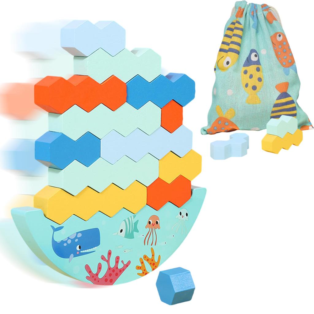 Shinse Building Blocks Balance Game with Storage Bag Cute Wooden Toy Stacking Educational Toy Concentration Fingertip Training Shape Recognition Early