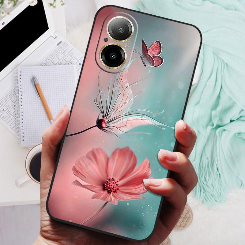 Für Realme C67 4G Hülle RMX3890 Beliebte Blumengemalte Abdeckung Silikon Handyhülle Für Realme C67 C 67 RealmeC67 4G Weiche Taschen Schwarz