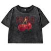 Red Cherries Letter Printed Female T-shirt Fashion Summer Washed Clothing Cotton Crop Top Retro Tee Shirts