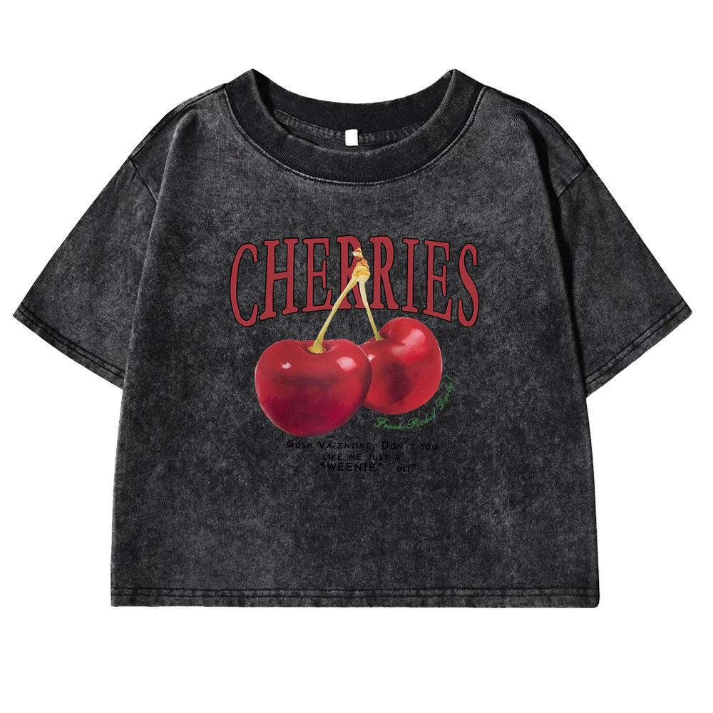Red Cherries Letter Printed Female T-shirt Fashion Summer Washed Clothing Cotton Crop Top Retro Tee Shirts