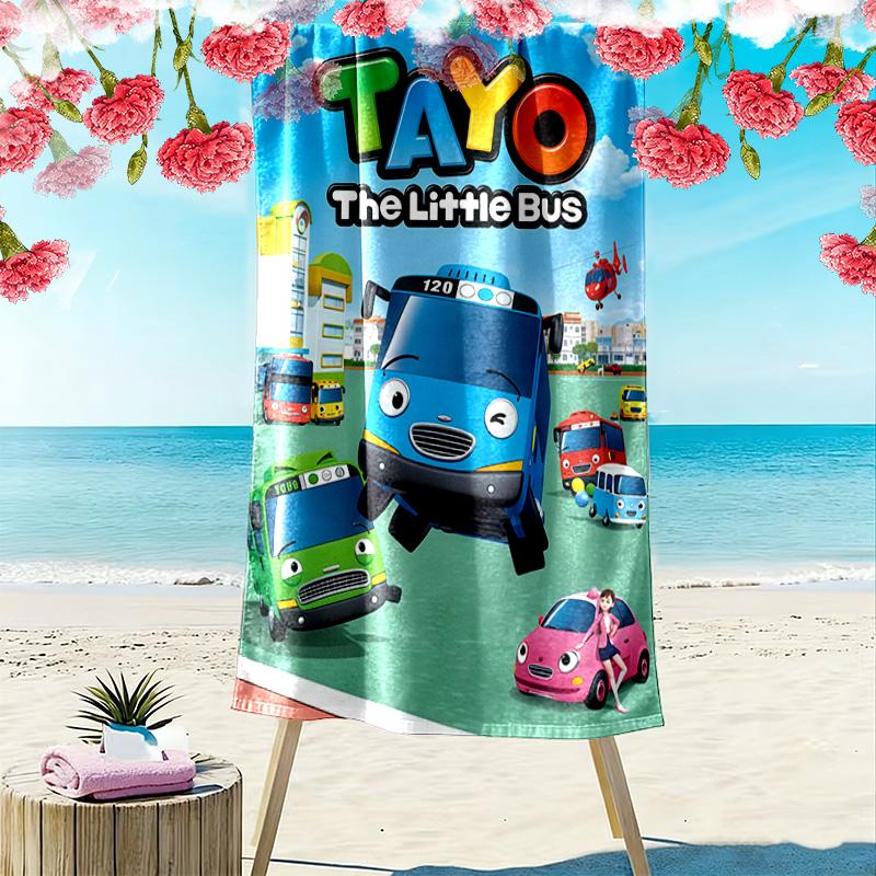 Serviette de Plage Imprimée Tayo le Petit Bus, Grande Serviette Douce à Séchage Rapide pour Plage Camping Natation