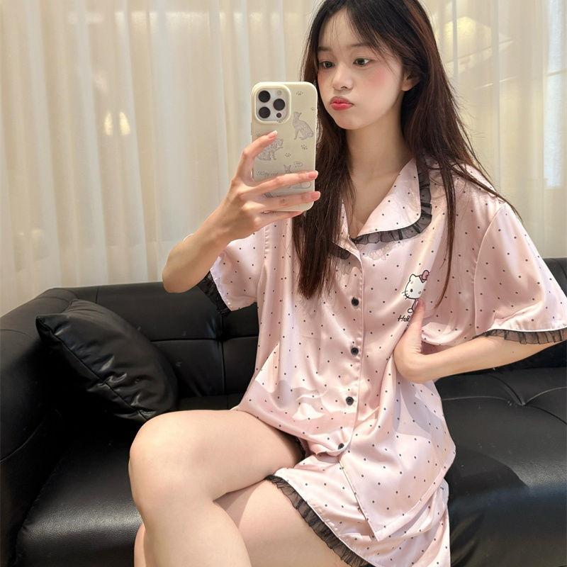

Polka dot hellokitty cat pajamas women s summer new lace short-sleeved Japanese student homewear suit outer wear s [recommended weight 80-95]
