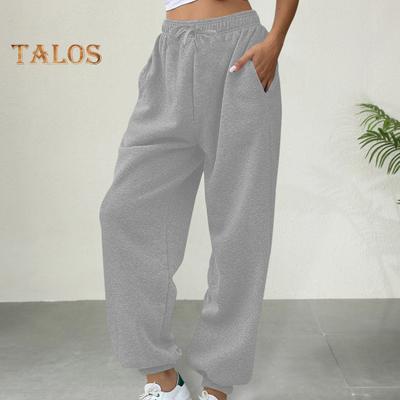 Calças de moletom femininas elásticas cintura alta cordão ajustável calças harém com bolsos cor sólida calças soltas lounge