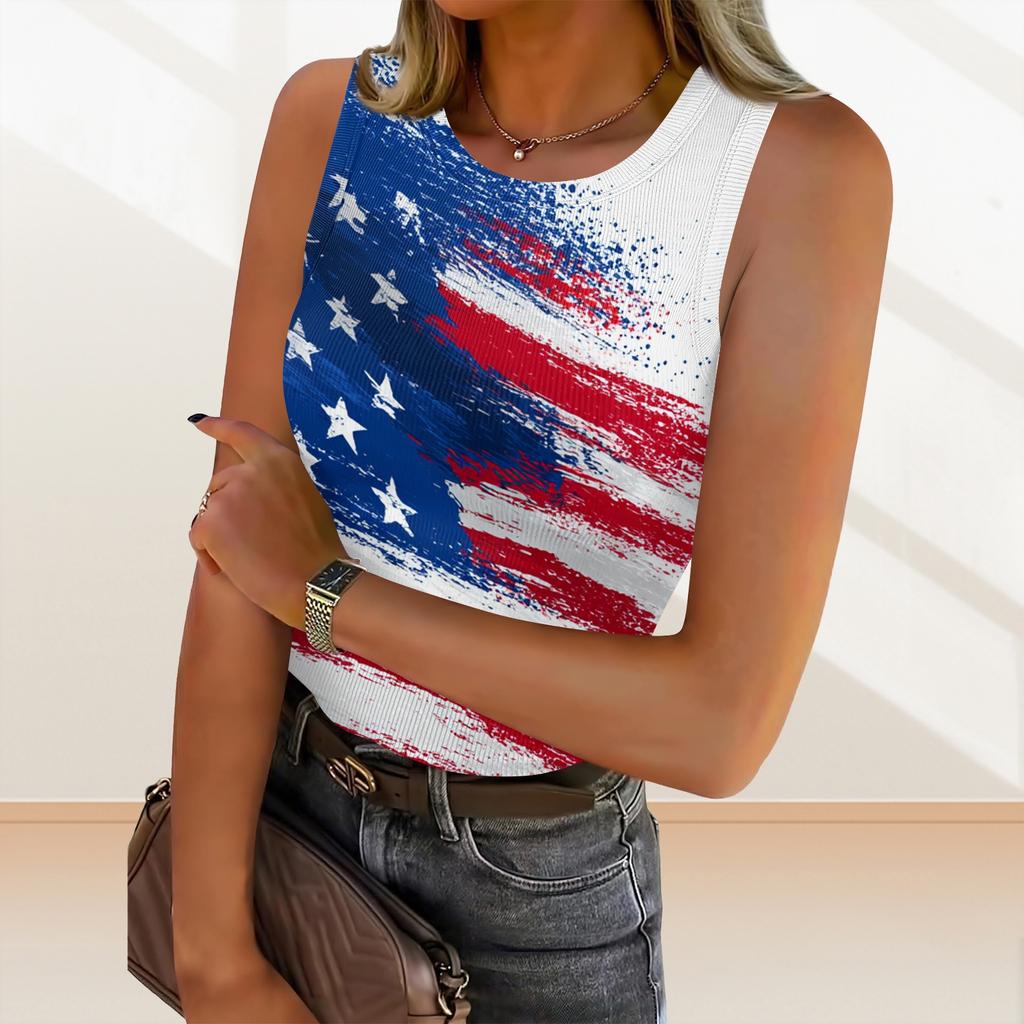 Women's Summer Fashionable Casual Independence Day Printed Round Neck Sleeveless Top Fitted Vest