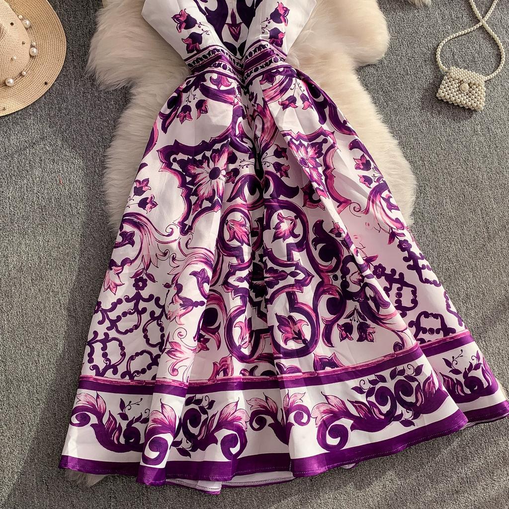Summer Vintage Designer Print Blue White Porcelain Runway Dress Women Fashion Sleeveless Tank Midi Party Dresses
