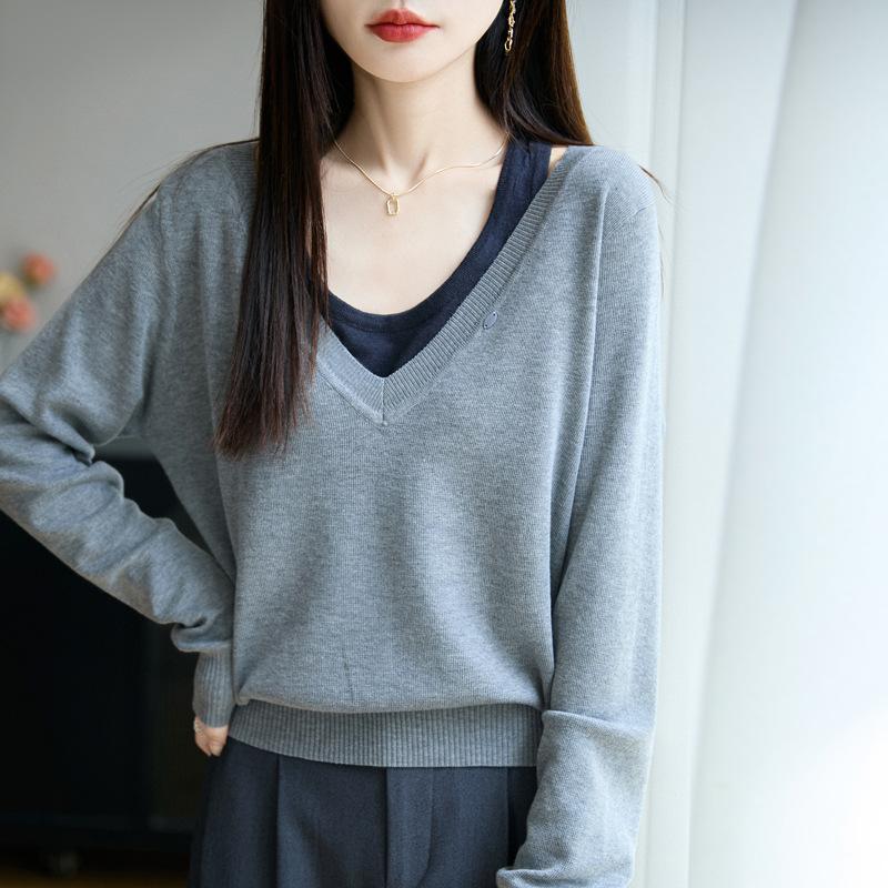 Women S V Neck Fake Two Piece Knit Sweater Long Sleeve Casual Top