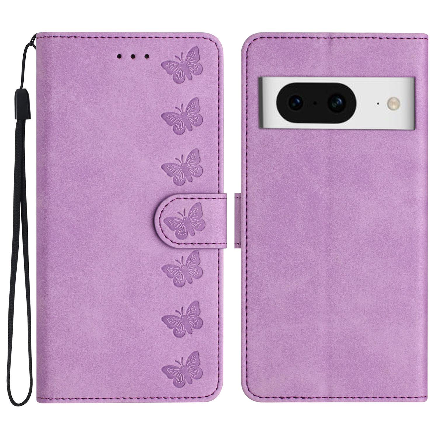 

Butterfly Imprinted Wallet Phone Case for Google Pixel 8,PU Leather Stand Cover Purple