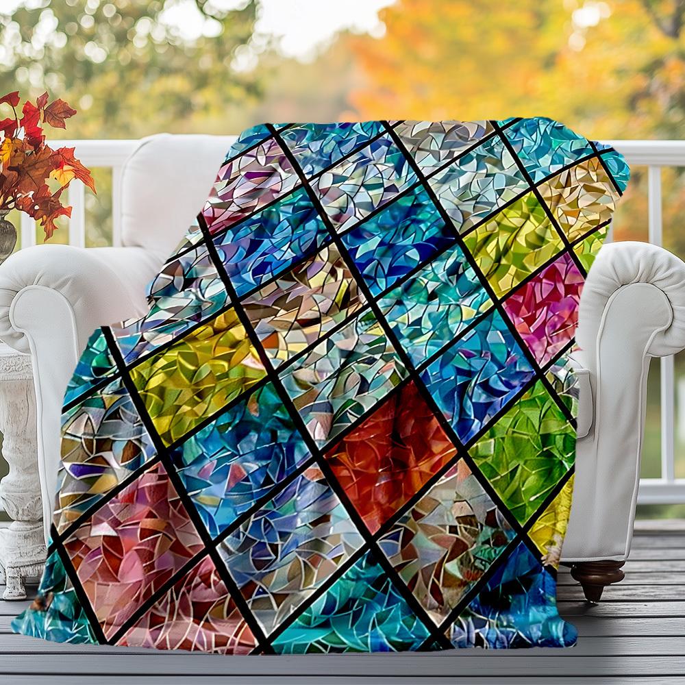 1PC stained glass mosaicOutdoor Flannel Blanket - Soft Plush Decor for Picnics, camping, Bedroom, Playroom, Office, or Lunch Break 1336A