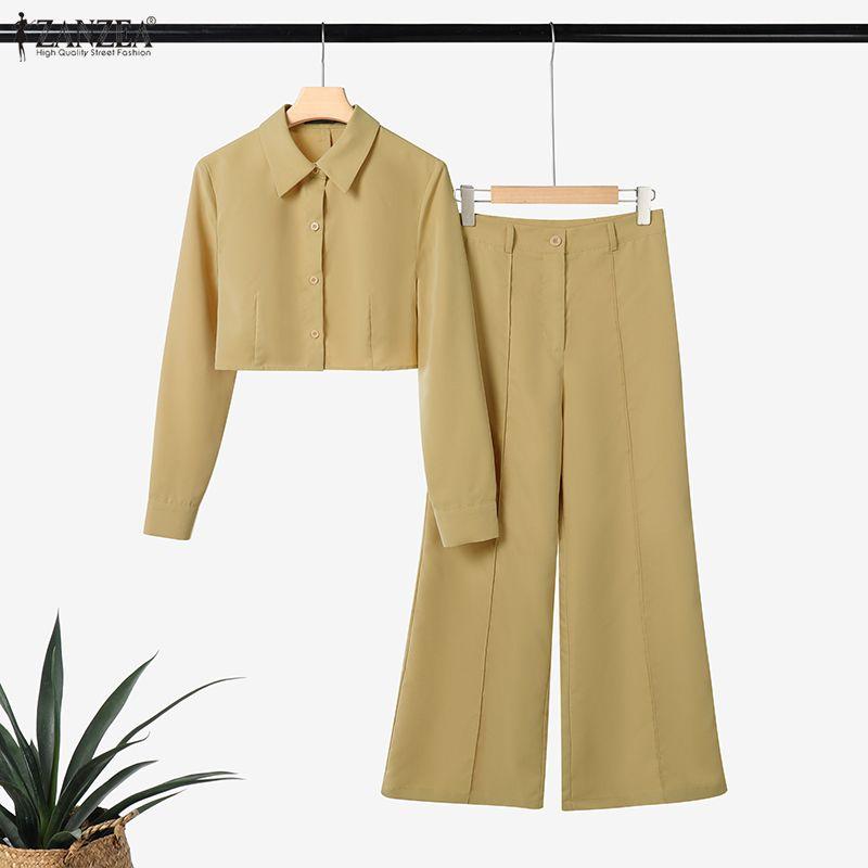ZANZEA Women Long Sleeve Cropped Blouse and Pants Casual Two Piece Suit Sets