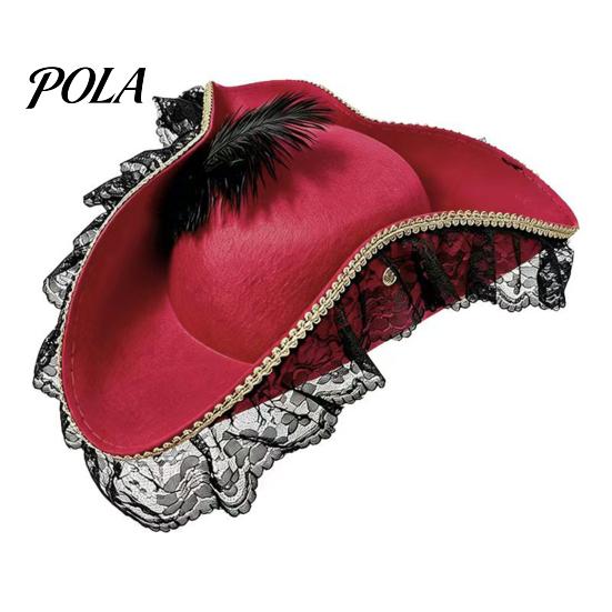 Retro Pirate Hat Halloween Hat, Captain Costume Accessory, with Burgundy Lace Gothic And Feathered Decor, Lightweight Vintage Style Buccaneer