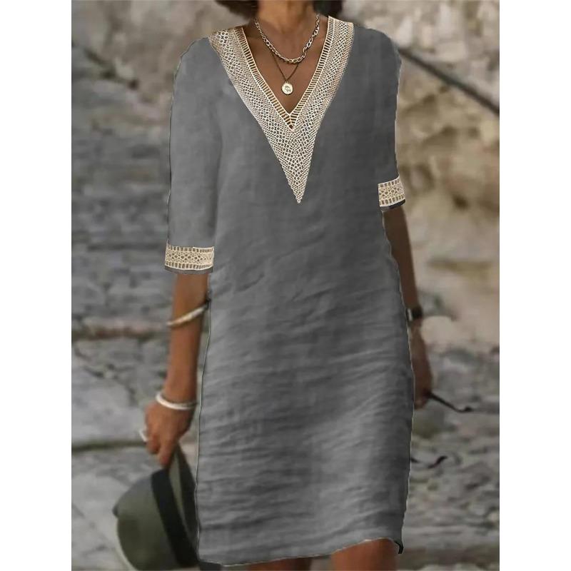 Spring and Summer Solid Color V-neck Cotton and Linen Dress