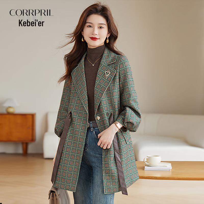 Kebell Women's Houndstooth Mid-Length Trench Coat