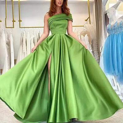 Single Shoulder Satin Dress Evening Dress Birthday Party Tutu Dress Green Split End Sexy Dress