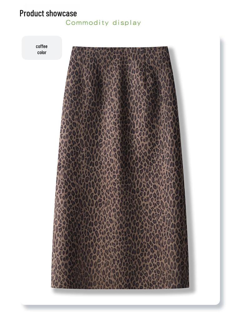 2024 Women's Gray Leopard Woolen Midi Skirt - Autumn/Winter Style, Straight Bodycon with Slit