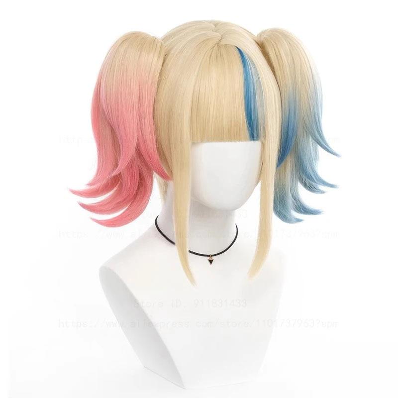 Harley Cosplay Wig Super Villain Doujin Halloween Pink Dyeing Gradient Ponytails Heat Resistant Synthetic Hair Wigs + Wig Cap