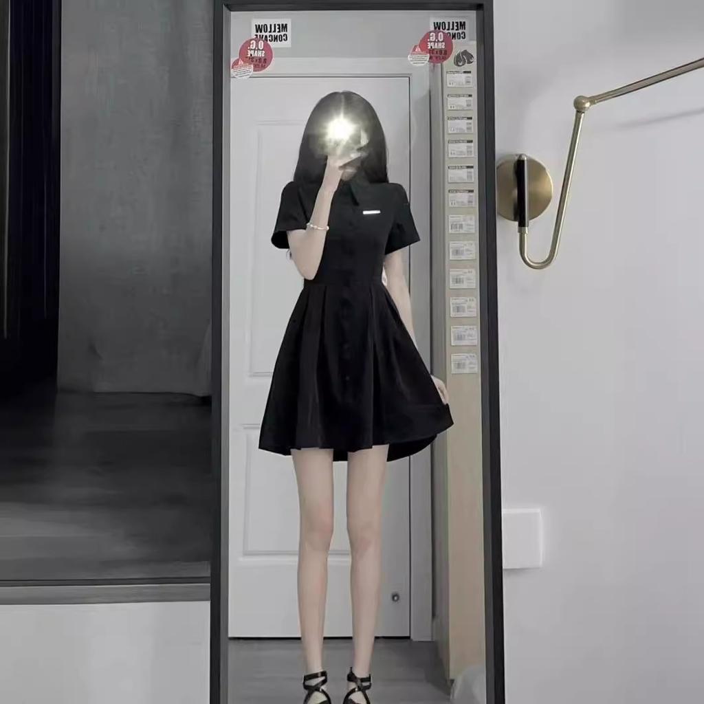 Black dress women's summer 2026 new Spice Girl bow polo collar small black dress waist thin shirt skirt