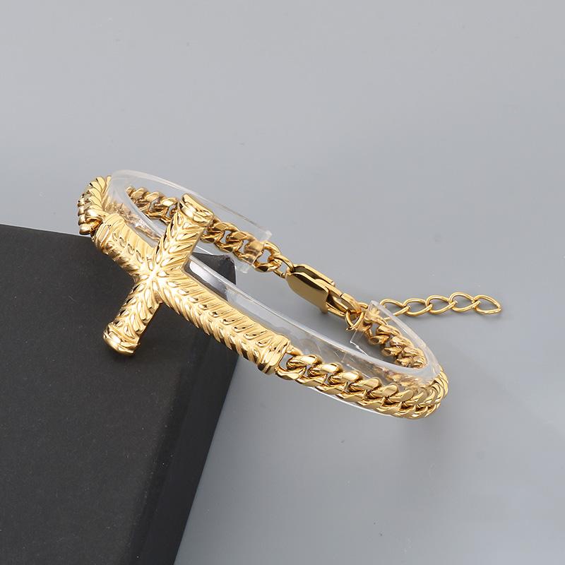 Golden Cross Cuban Link Bracelet for Men Stainless Steel Chain with Adjustable Extender Jewelry Trendy Religious Daily Accessory
