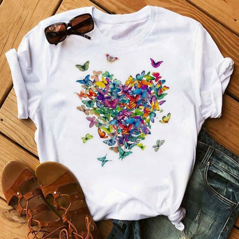 Summer Butterfly Print Plus Size Loose Round Neck Pure Cotton Short Sleeved Top T-Shirts Women’s Tees