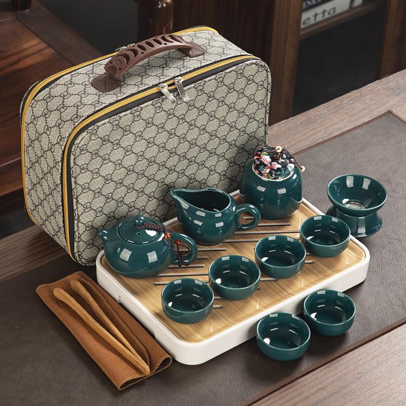 Travel ceramic Kung Fu tea set, tea tray, a full set of portable storage bags, practical business gifts for customers