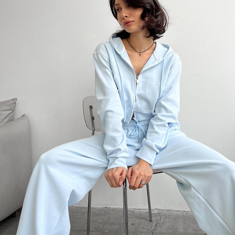 2025 Autumn Women's Casual Solid Color Zip-Up Hoodie & Drawstring Sweatpants Set