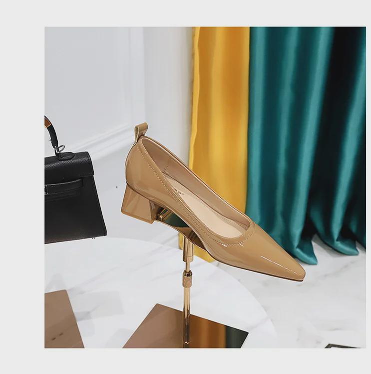 Korean Patent Leather Pointed-Toe Women's Shoes - Fashionable, Simple, Comfortable with Versatile Thick Medium Heel
