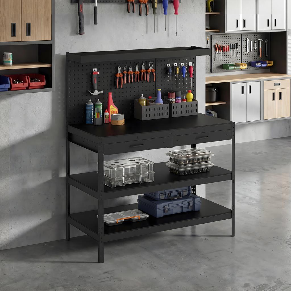 Workbench with Adjustable Shelves, Pegboard and 2 Drawers, 122x61x156 cm, Black