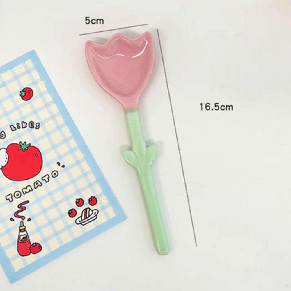 Ceramic Flower Spoon Tulip Shaped Cute Milk Ice Cream Dessert Soup Spoon With Long Handle Kitchen Tableware Accessories