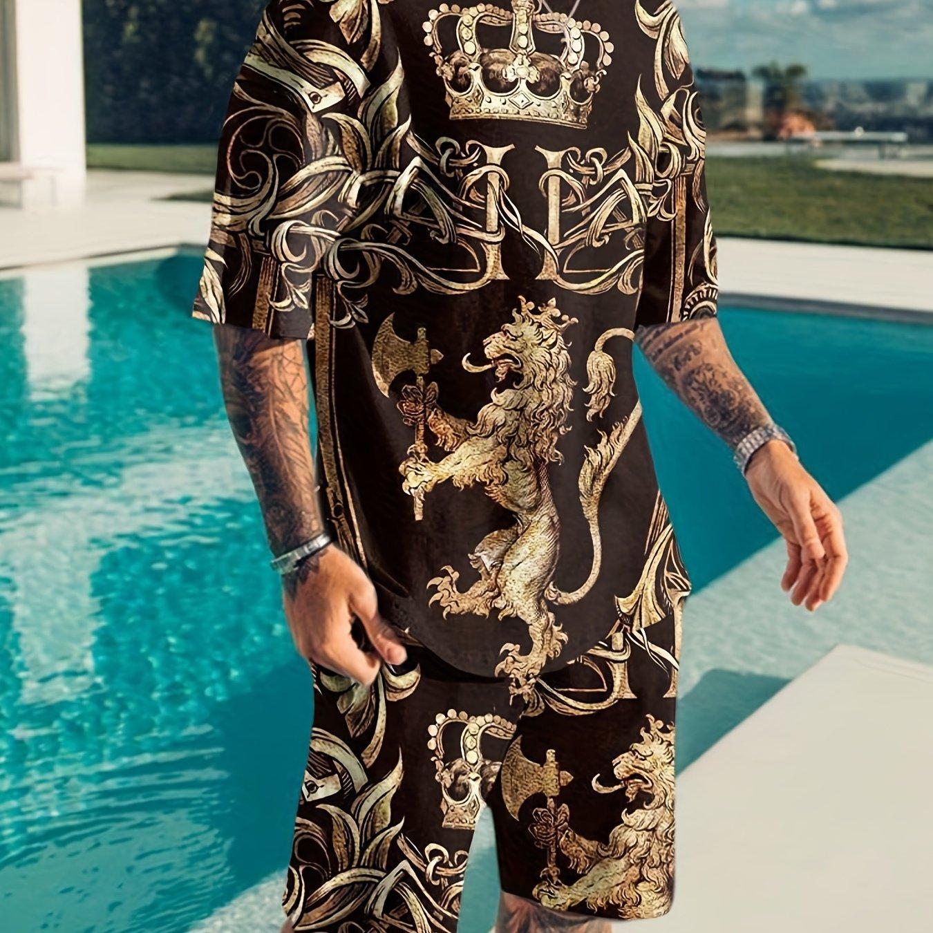 

Спортивний комплект із 2 предметів, зручна чоловіча футболка в клітку з круглим вирізом і активні злегка еластичні дихаючі штани для активного відпочинку на природі 6XL