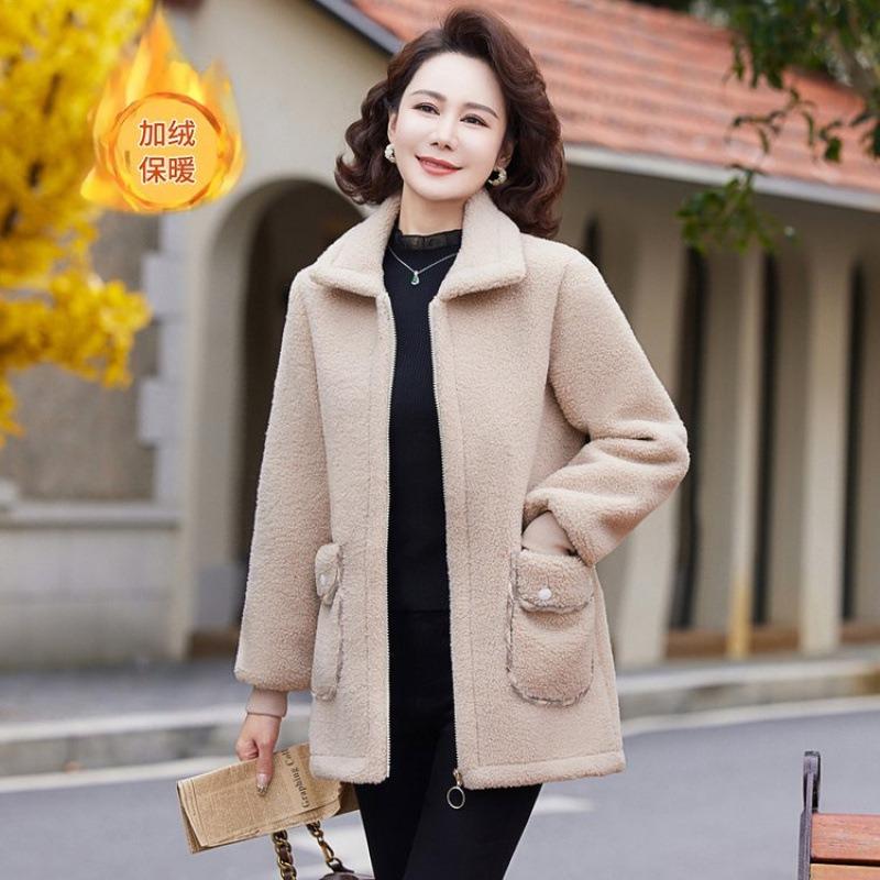 Winter solid color granular fleece new fleece lapel warm long top medium loose coat