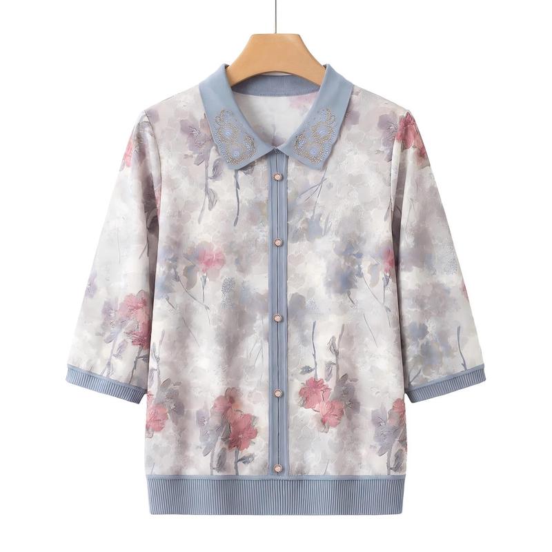 Yu Zhaolin New Chinese Style Floral Knit Shirt for Mid-Aged Women 125 (Up to 155 jin)