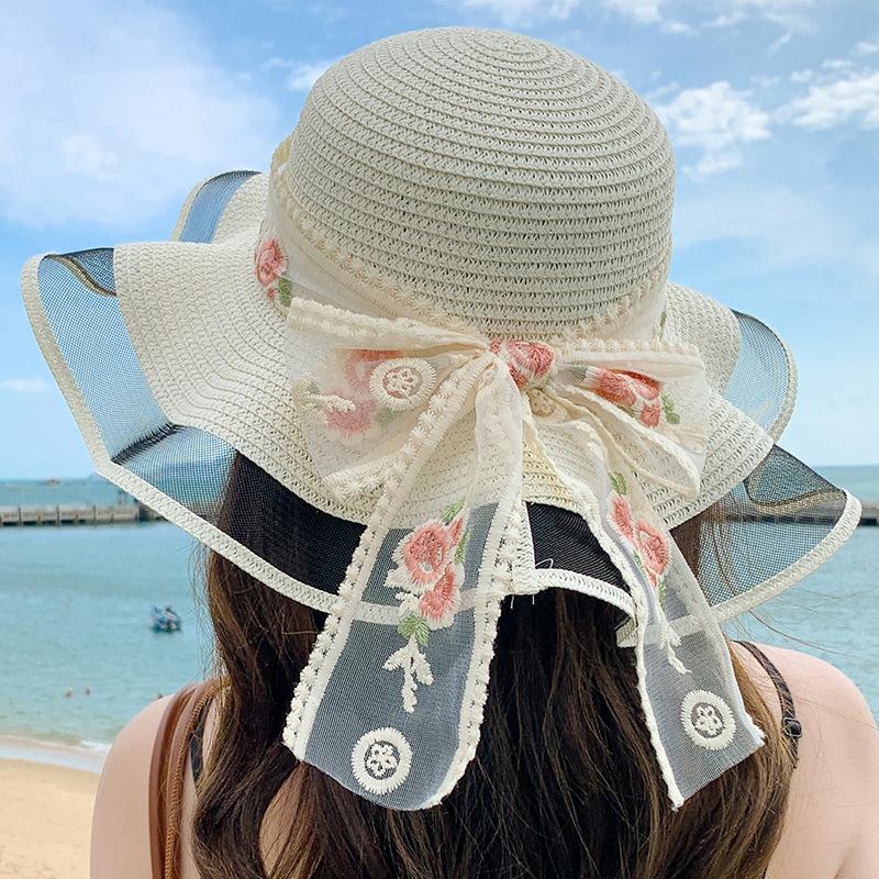 

Flower streamer sun hat women s seaside lace sun hat summer purple line big brim beach straw hat