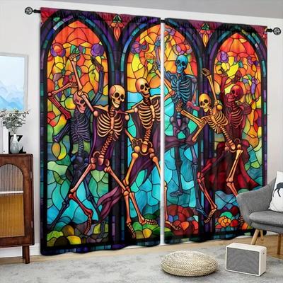 2 pz Tenda Stampata Vetro Colorato 3D Tenda Stampata Paesaggio Scheletrico Decorazione di Halloween Adatta Per Soggiorno, Camera da Letto, Cucina