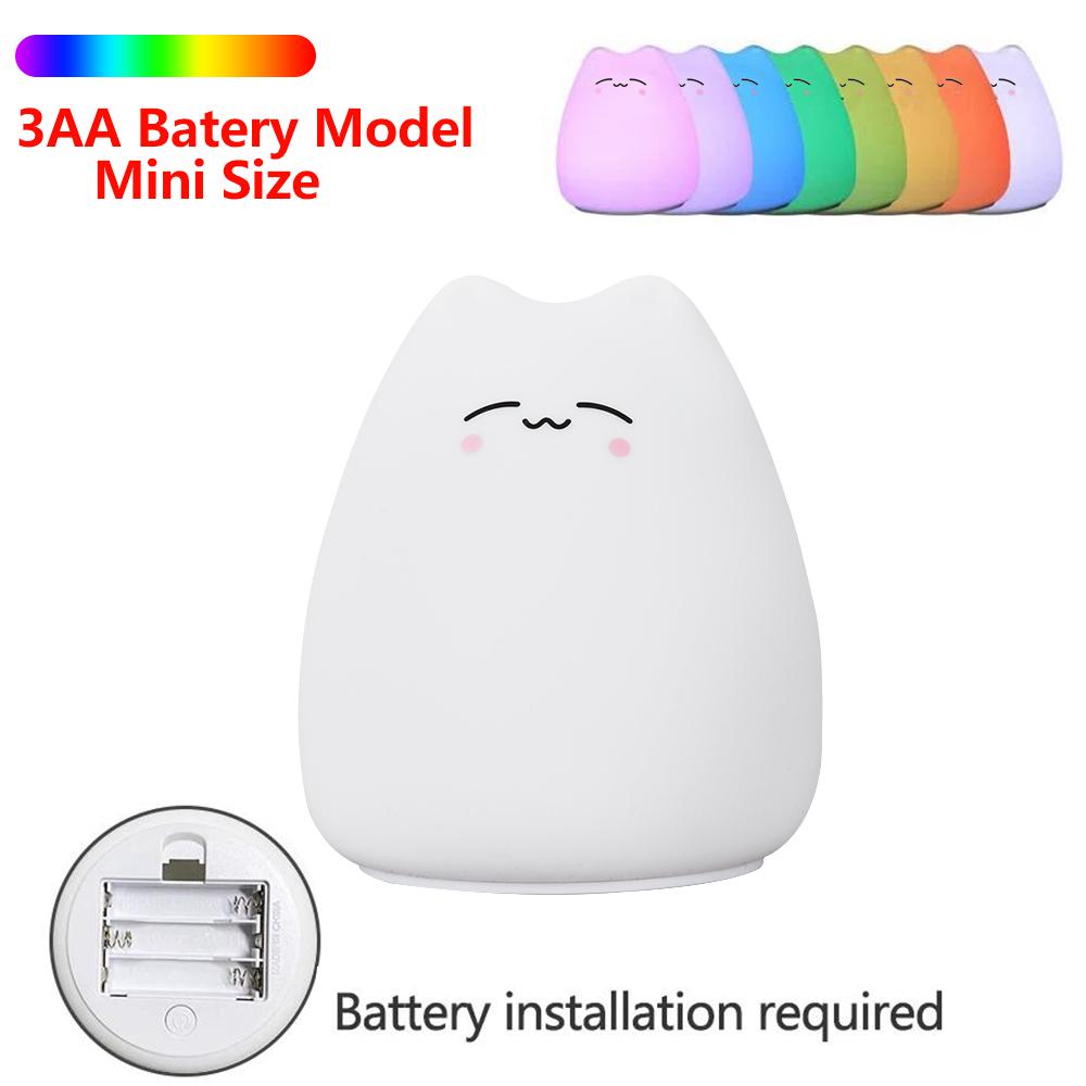 1PC Luz Noturna de Gato Fofo Para Bebê Crianças Desenho Animado 7 Cores Lâmpada de Dormir de Silicone Sensor de Toque Lâmpada de Mesa Para Decoração de Casa Quarto