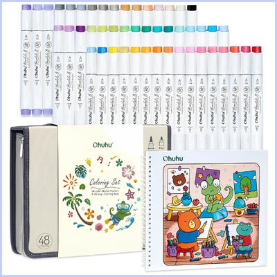 Ohuhu Illustration Markers, 48 Colors, Brush Tip, Fine Tip, Coloring Book Set Art Marker Pens, Quick-Drying