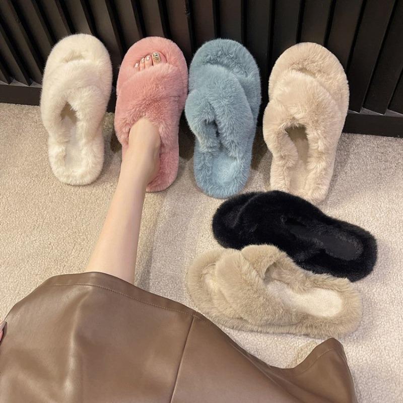 Fashion Flat bottom fur slippers for women cross plush indoor and outdoor cotton slippers large size