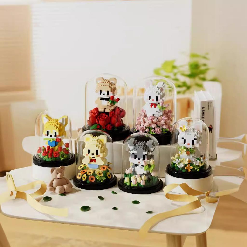 Idea Lovely Animal Nanobricks Rabbit Bear Dog Micro Diamond Block Flower Bricks Model Educational Toys Collection For Gifts
