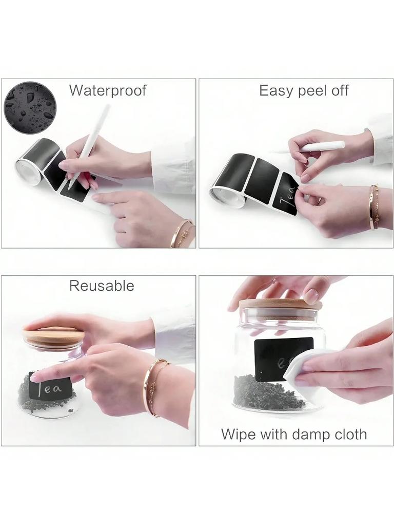 Black Waterproof Reusable Label Stickers With White Chalk For Mason Jars, Craft Room, Storage Spaces, Glass Bottles,Organization