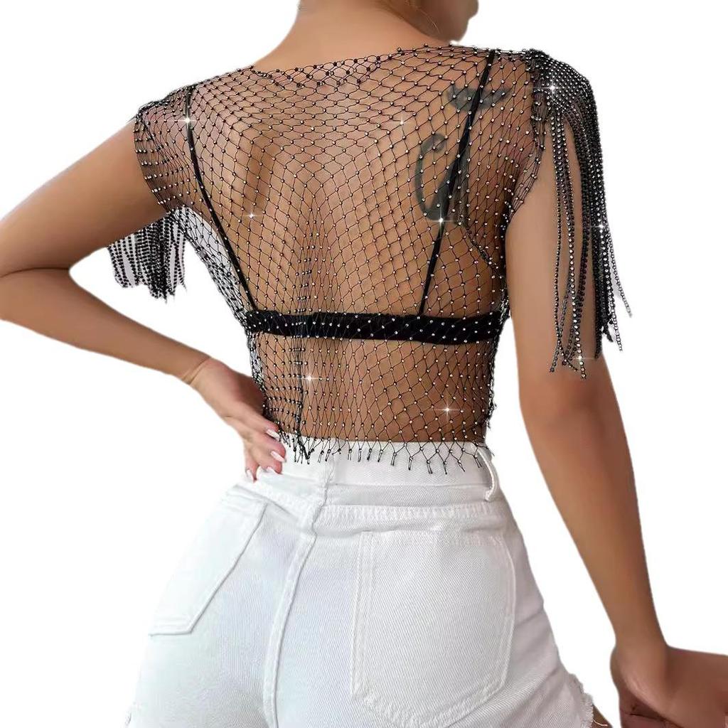Rhinestone Shiny Fishnet Top - Sexy European & American Style, Short Sleeve Women's Vest H21092