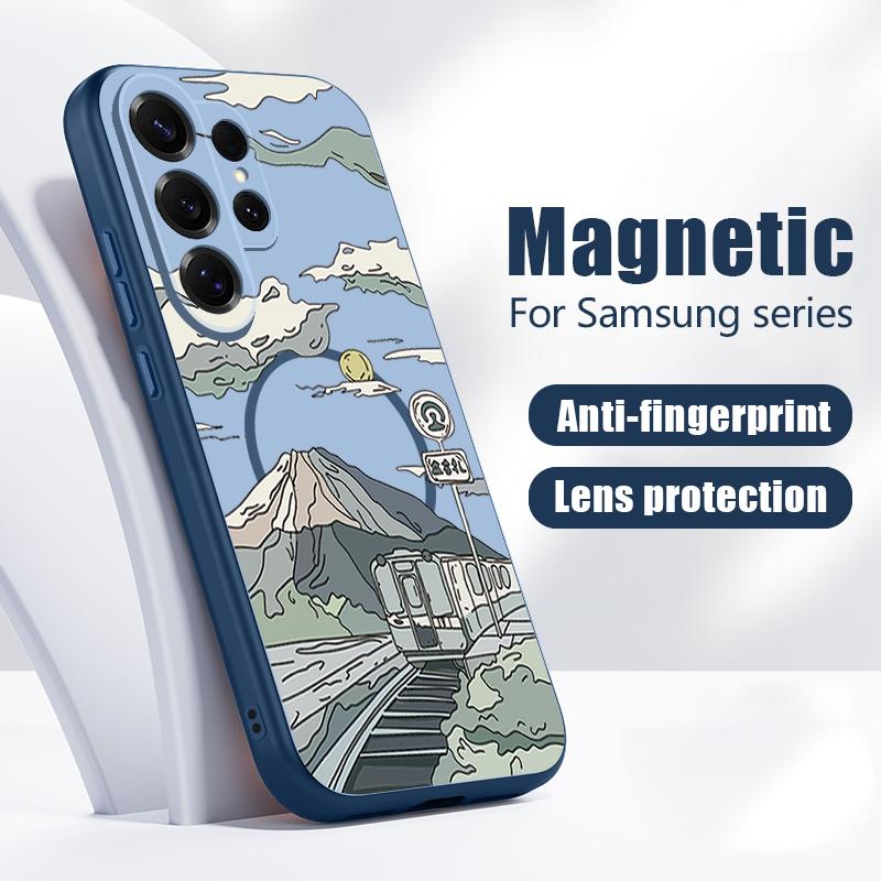 Magnetic For Magsafe Case For Samsung Galaxy S26 Ultra S25 Edge S24 Plus S23 FE S22 A54 A55 A56 5G Anime Landscape Train Pattern Matte Cover