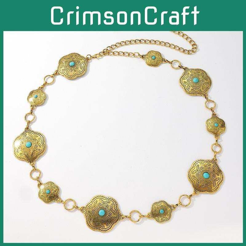 Turquoise Style Western Silver Metal Waist Chain With Carved Details Women For