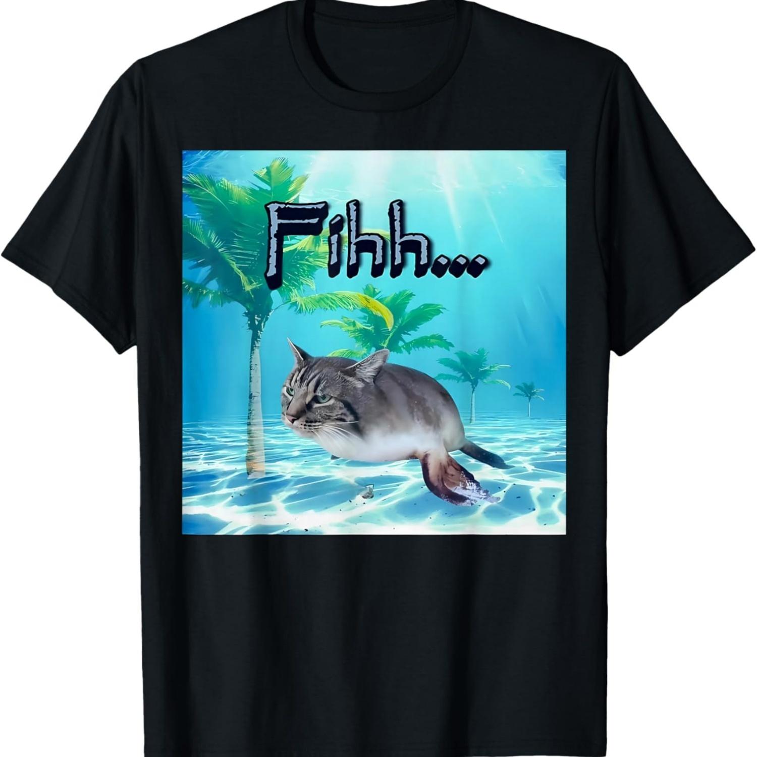 funny brainrot gen z humor cat meme fihh cat fish gen alpha T-Shirt S чёрный