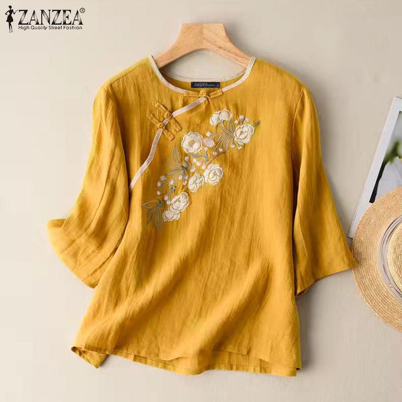 

ZANZEA Женская летняя повседневная блузка с цветочной вышивкой и короткими рукавами Топы