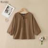 ZANZEA Vintage Womens V Neck Tie Front Blouse with 3/4 Puff Sleeve Casual Loose Tunic Tops